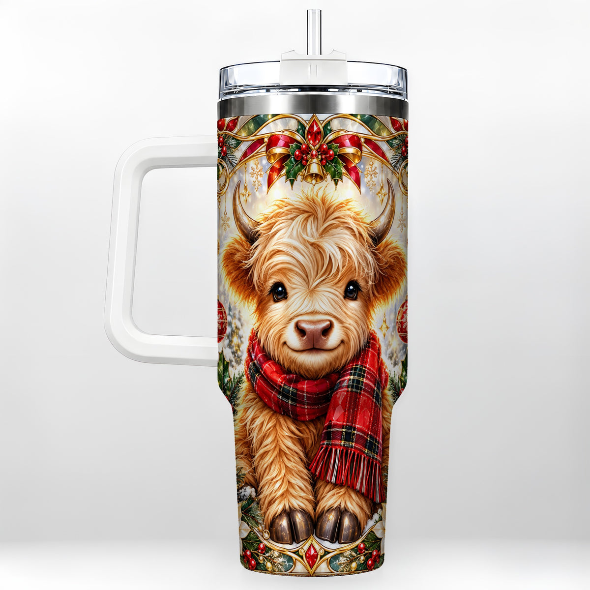 #pl[40oz|White] Ornate Highland Cow 40oz Tumbler with Handle, Winter Travel Cup