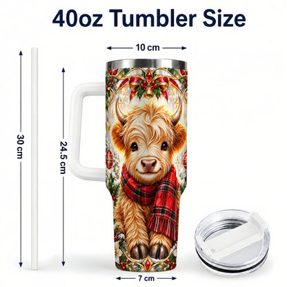 #pl[40oz|White] Ornate Highland Cow 40oz Tumbler with Handle, Winter Travel Cup