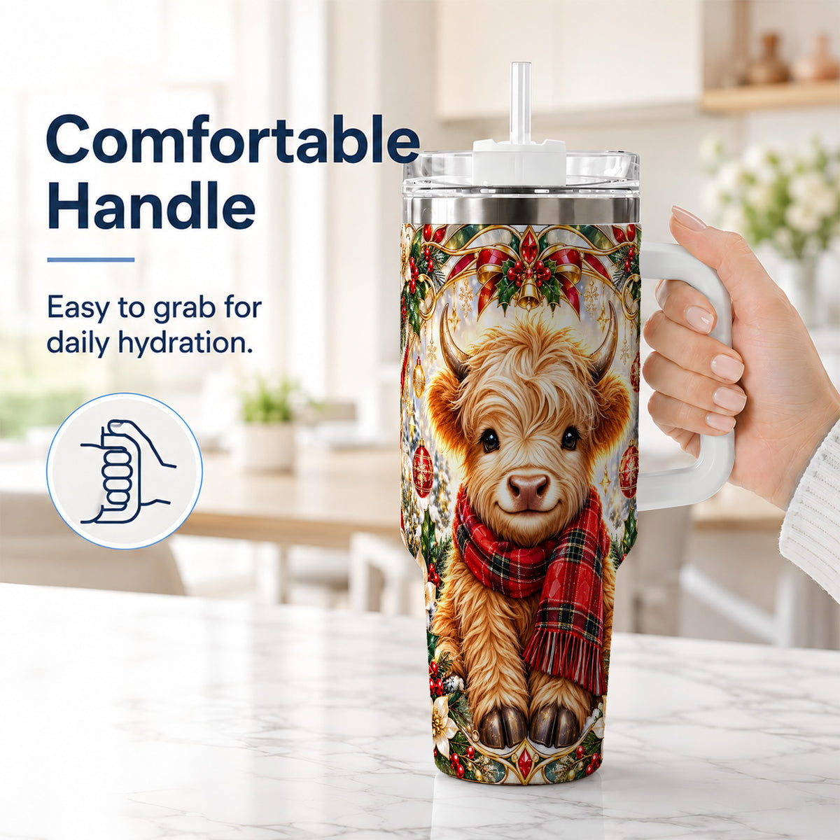 #pl[40oz|White] Ornate Highland Cow 40oz Tumbler with Handle, Winter Travel Cup