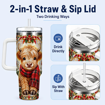 #pl[40oz|White] Ornate Highland Cow 40oz Tumbler with Handle, Winter Travel Cup
