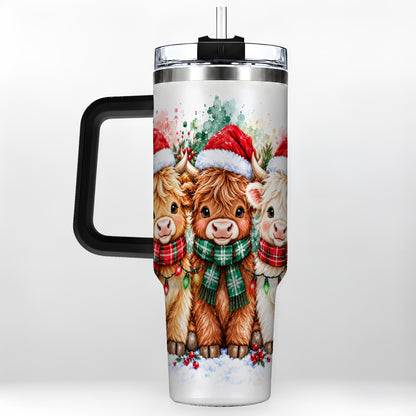 #pl[40oz|Black] Watercolor Highland Cows 40oz Tumbler with Handle, Winter Travel Cup