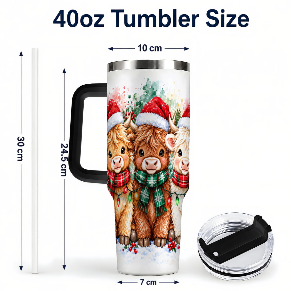 #pl[40oz|Black] Watercolor Highland Cows 40oz Tumbler with Handle, Winter Travel Cup