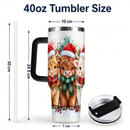 #pl[40oz|Black] Watercolor Highland Cows 40oz Tumbler with Handle, Winter Travel Cup