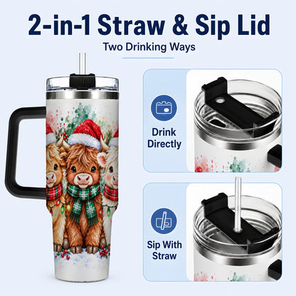 #pl[40oz|Black] Watercolor Highland Cows 40oz Tumbler with Handle, Winter Travel Cup