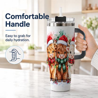 #pl[40oz|Black] Watercolor Highland Cows 40oz Tumbler with Handle, Winter Travel Cup