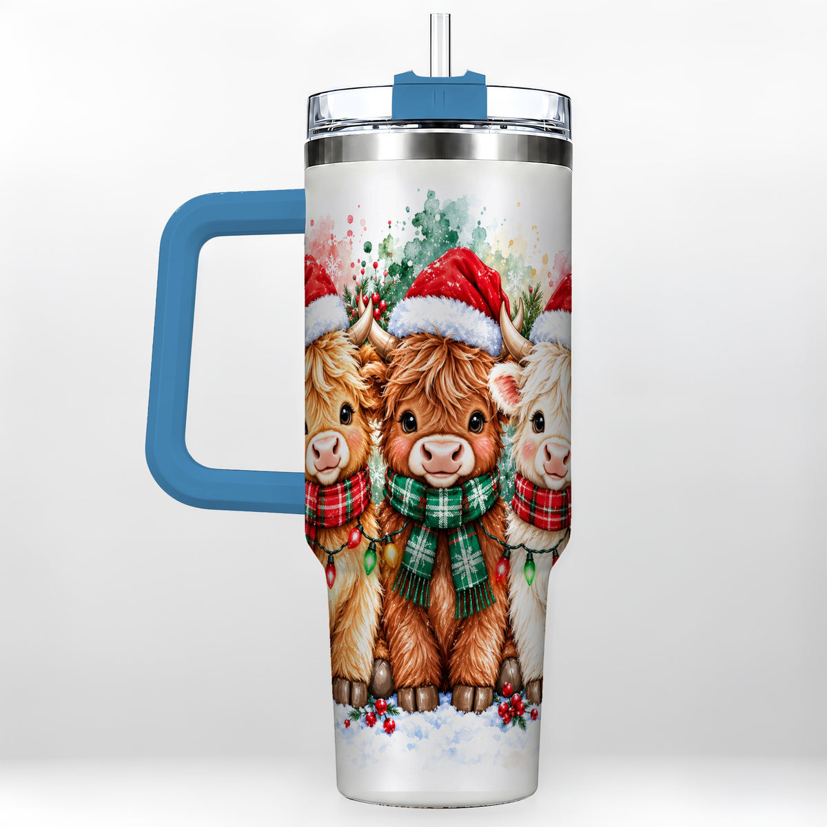 #pl[40oz|Blue] Watercolor Highland Cows 40oz Tumbler with Handle, Winter Travel Cup