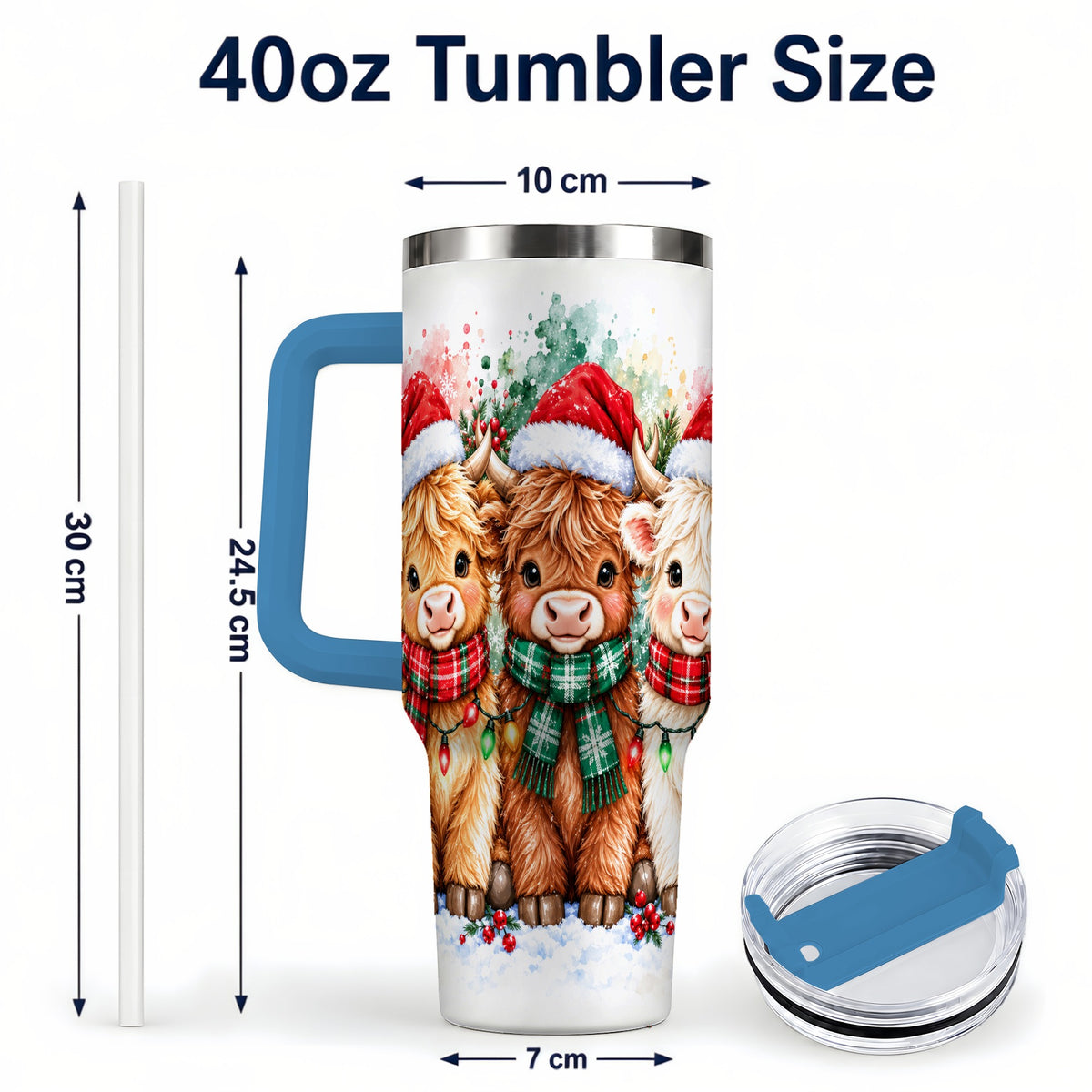 #pl[40oz|Blue] Watercolor Highland Cows 40oz Tumbler with Handle, Winter Travel Cup