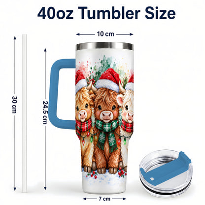#pl[40oz|Blue] Watercolor Highland Cows 40oz Tumbler with Handle, Winter Travel Cup