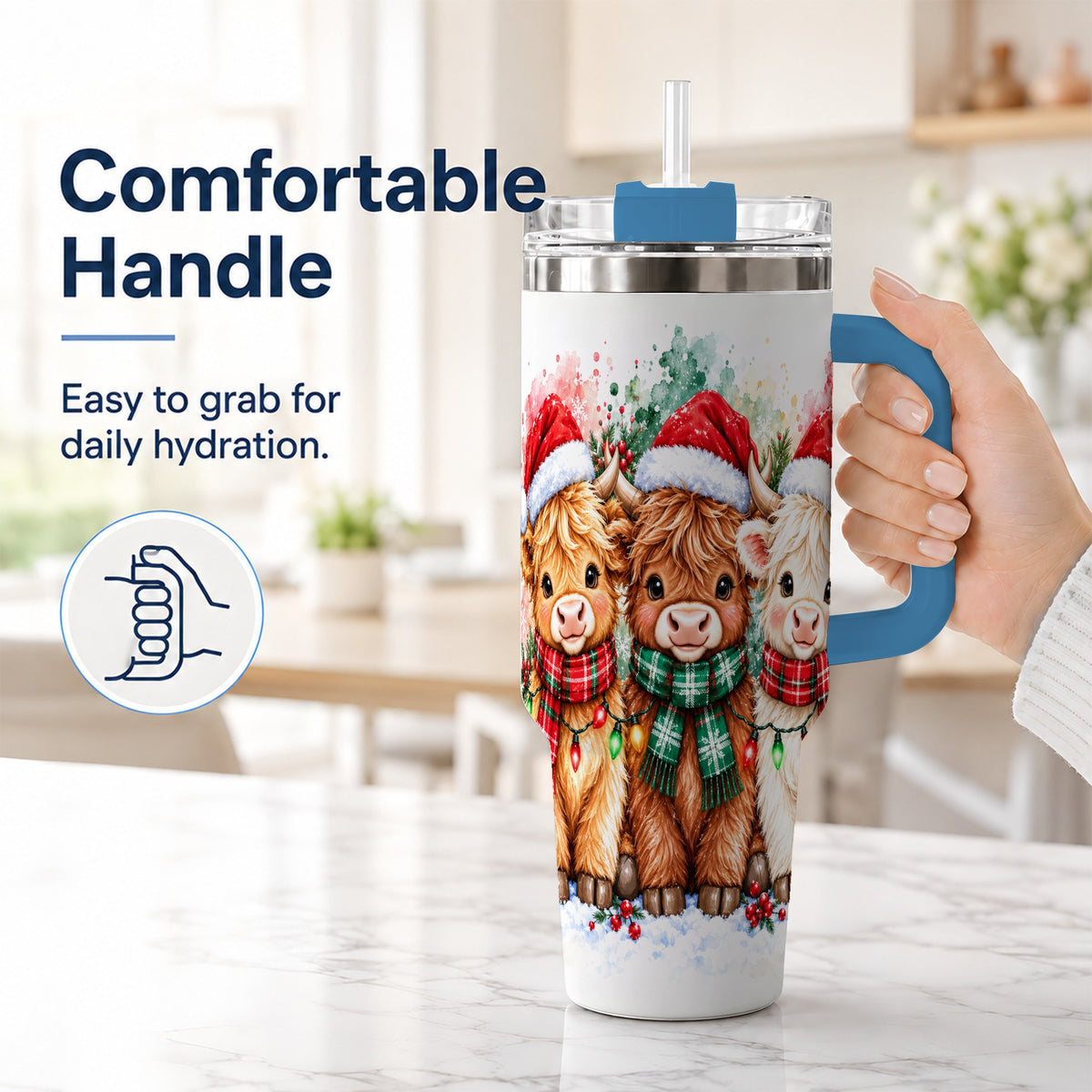 #pl[40oz|Blue] Watercolor Highland Cows 40oz Tumbler with Handle, Winter Travel Cup