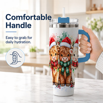 #pl[40oz|Blue] Watercolor Highland Cows 40oz Tumbler with Handle, Winter Travel Cup
