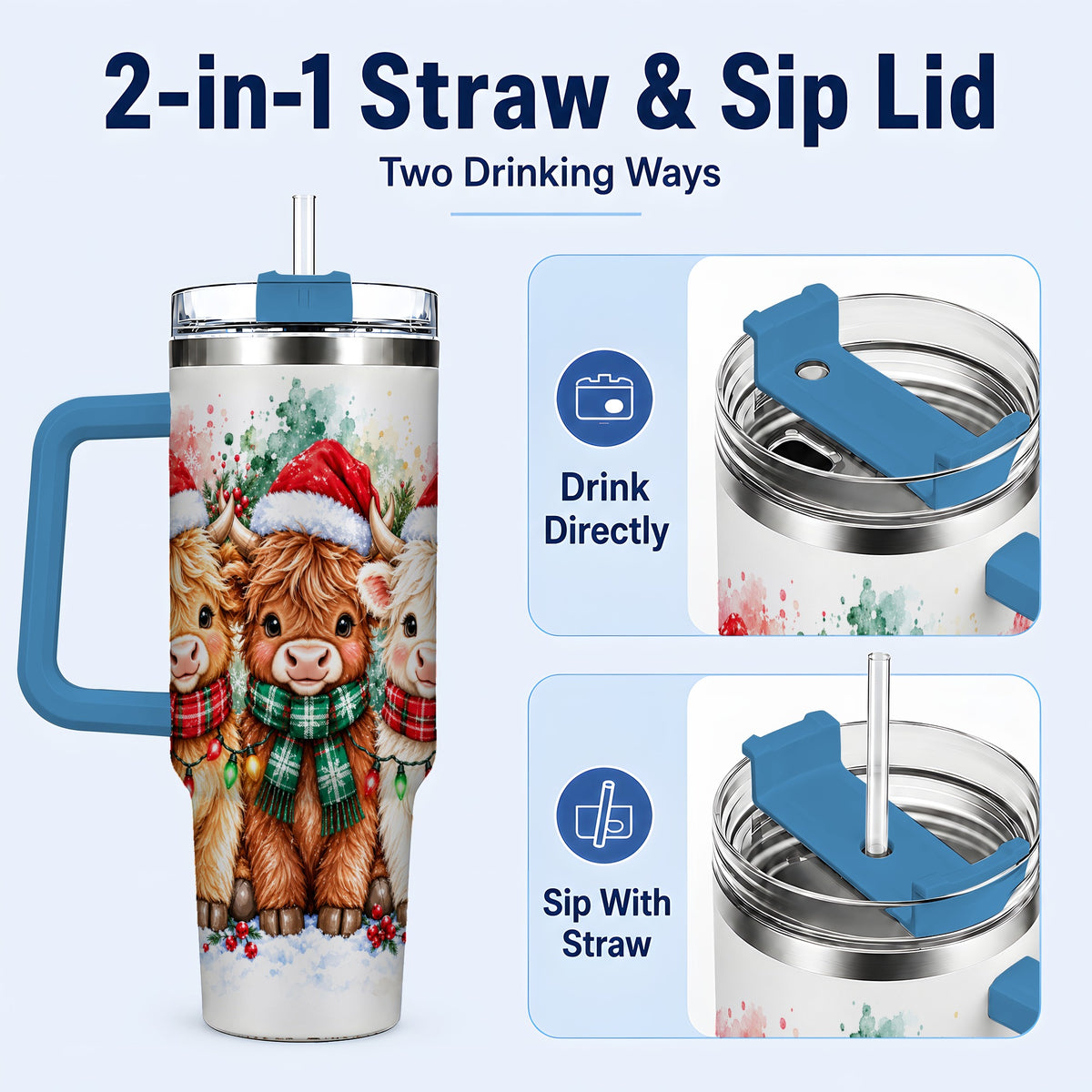 #pl[40oz|Blue] Watercolor Highland Cows 40oz Tumbler with Handle, Winter Travel Cup