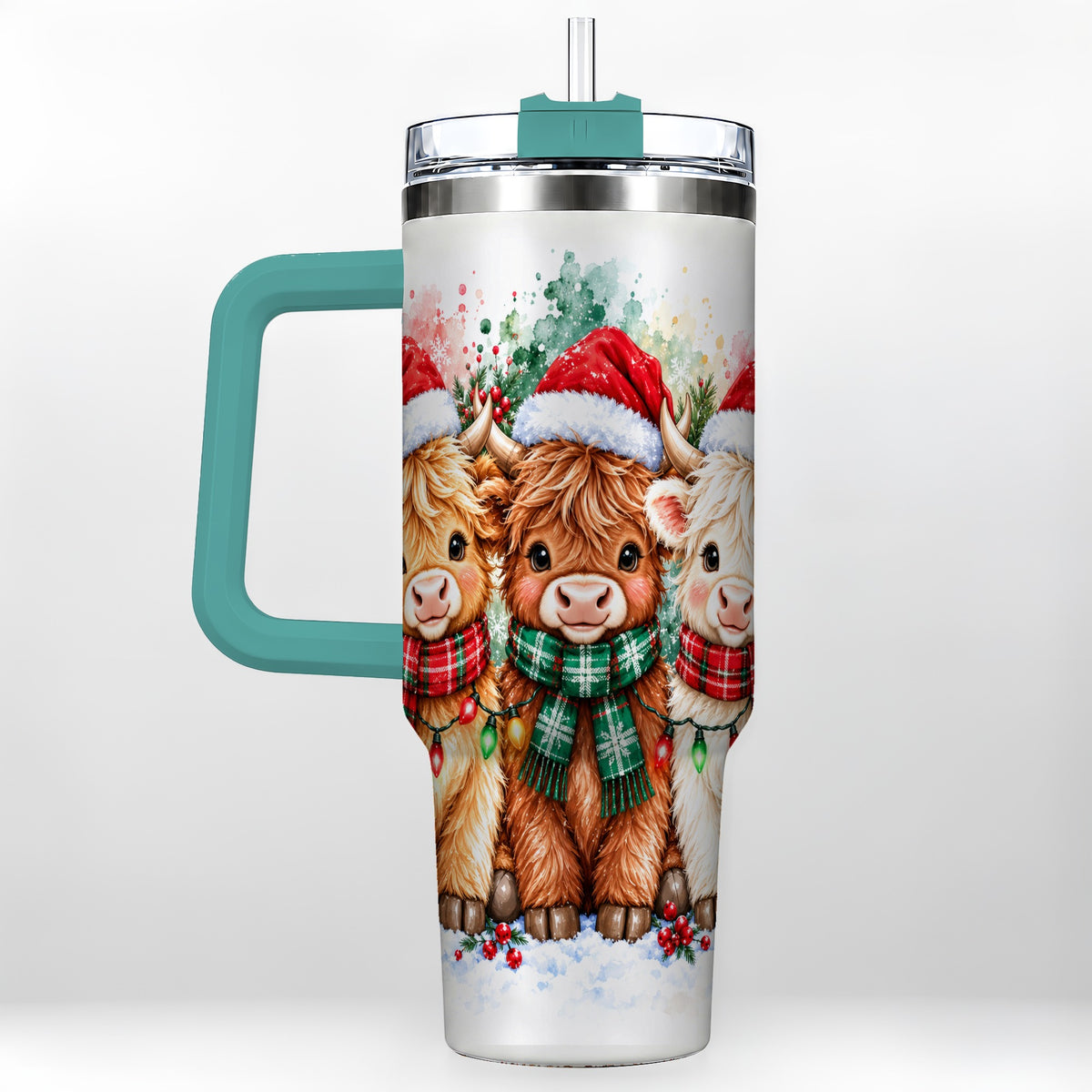 #pl[40oz|Green] Watercolor Highland Cows 40oz Tumbler with Handle, Winter Travel Cup