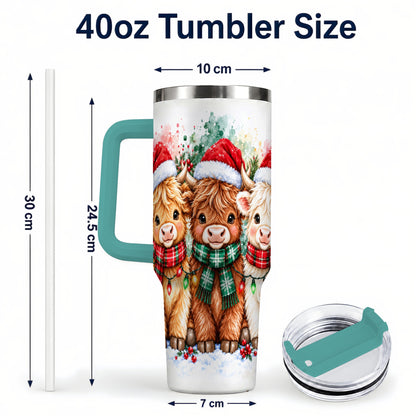 #pl[40oz|Green] Watercolor Highland Cows 40oz Tumbler with Handle, Winter Travel Cup