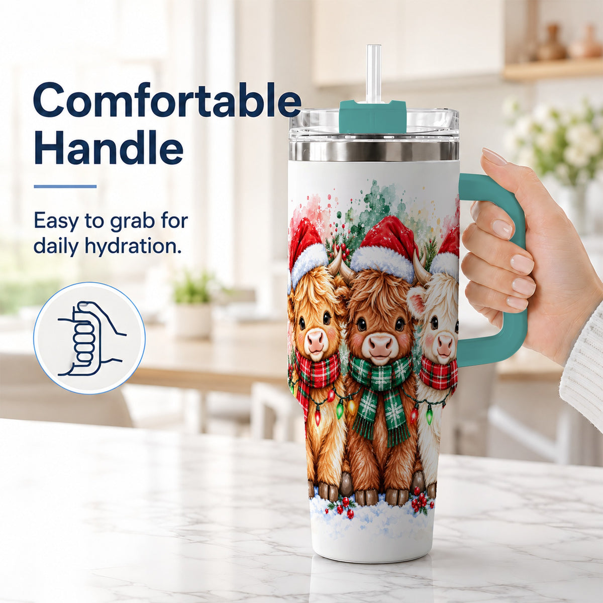 #pl[40oz|Green] Watercolor Highland Cows 40oz Tumbler with Handle, Winter Travel Cup