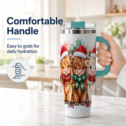 #pl[40oz|Green] Watercolor Highland Cows 40oz Tumbler with Handle, Winter Travel Cup