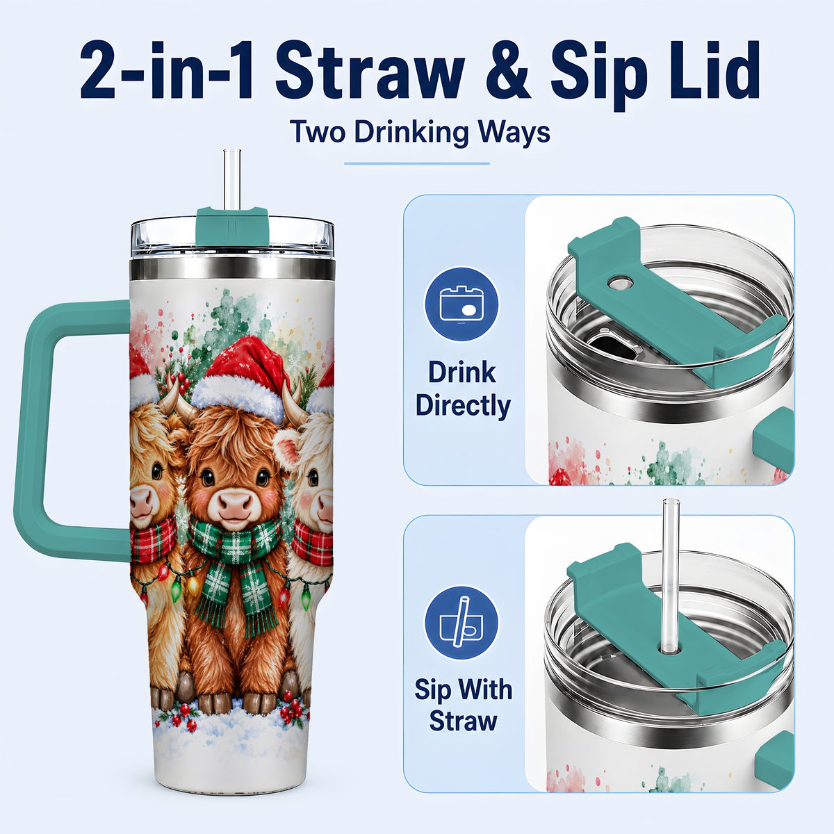 #pl[40oz|Green] Watercolor Highland Cows 40oz Tumbler with Handle, Winter Travel Cup