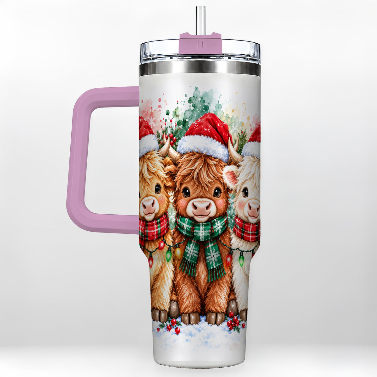 #pl[40oz|Pink] Watercolor Highland Cows 40oz Tumbler with Handle, Winter Travel Cup