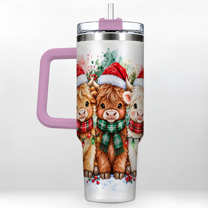 #pl[40oz|Pink] Watercolor Highland Cows 40oz Tumbler with Handle, Winter Travel Cup