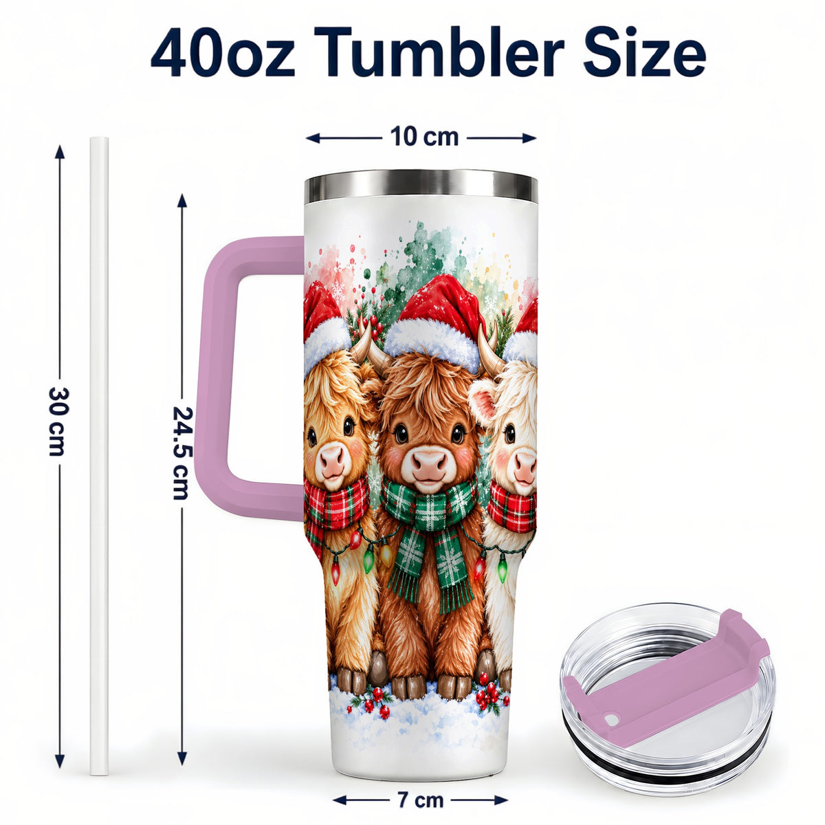 #pl[40oz|Pink] Watercolor Highland Cows 40oz Tumbler with Handle, Winter Travel Cup
