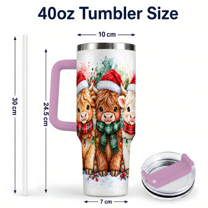 #pl[40oz|Pink] Watercolor Highland Cows 40oz Tumbler with Handle, Winter Travel Cup