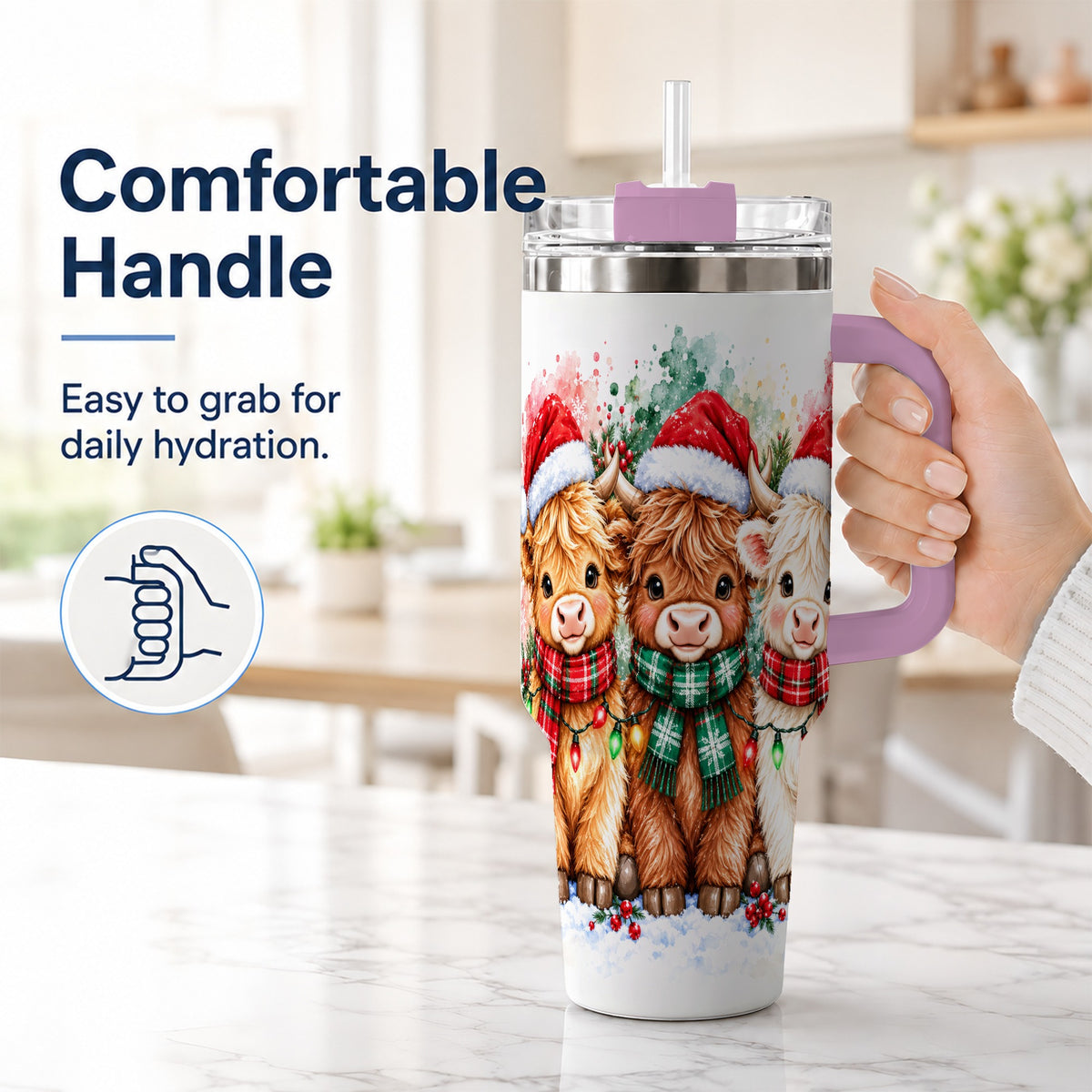 #pl[40oz|Pink] Watercolor Highland Cows 40oz Tumbler with Handle, Winter Travel Cup