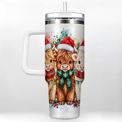 #pl[40oz|White] Watercolor Highland Cows 40oz Tumbler with Handle, Winter Travel Cup
