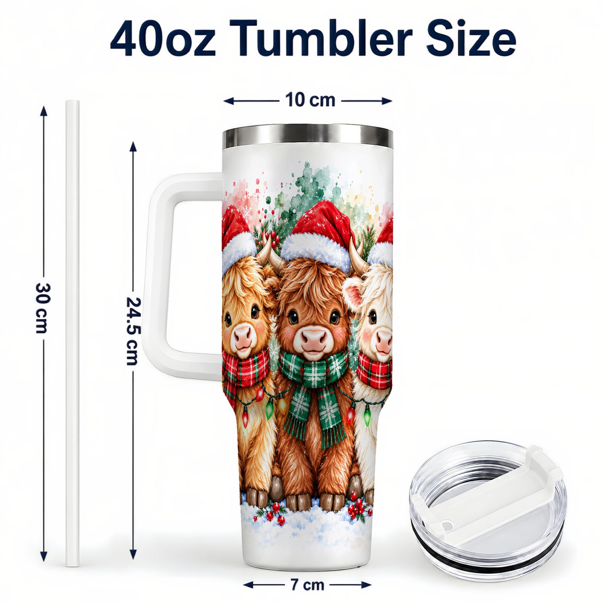 #pl[40oz|White] Watercolor Highland Cows 40oz Tumbler with Handle, Winter Travel Cup