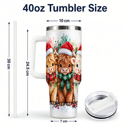 #pl[40oz|White] Watercolor Highland Cows 40oz Tumbler with Handle, Winter Travel Cup