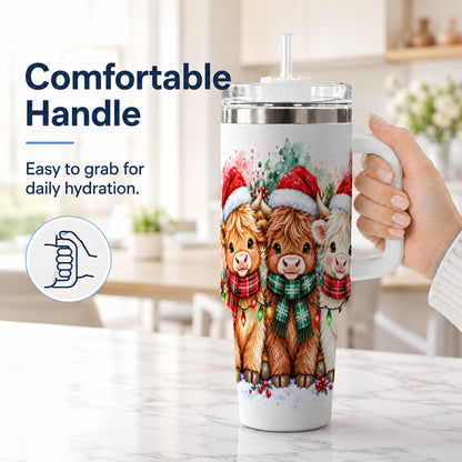 #pl[40oz|White] Watercolor Highland Cows 40oz Tumbler with Handle, Winter Travel Cup