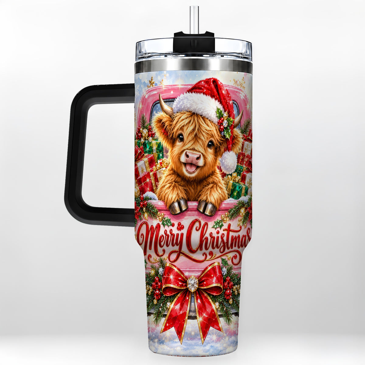 #pl[40oz|Black] Sparkling Christmas Cow 40oz Tumbler with Handle, Holiday Travel Cup