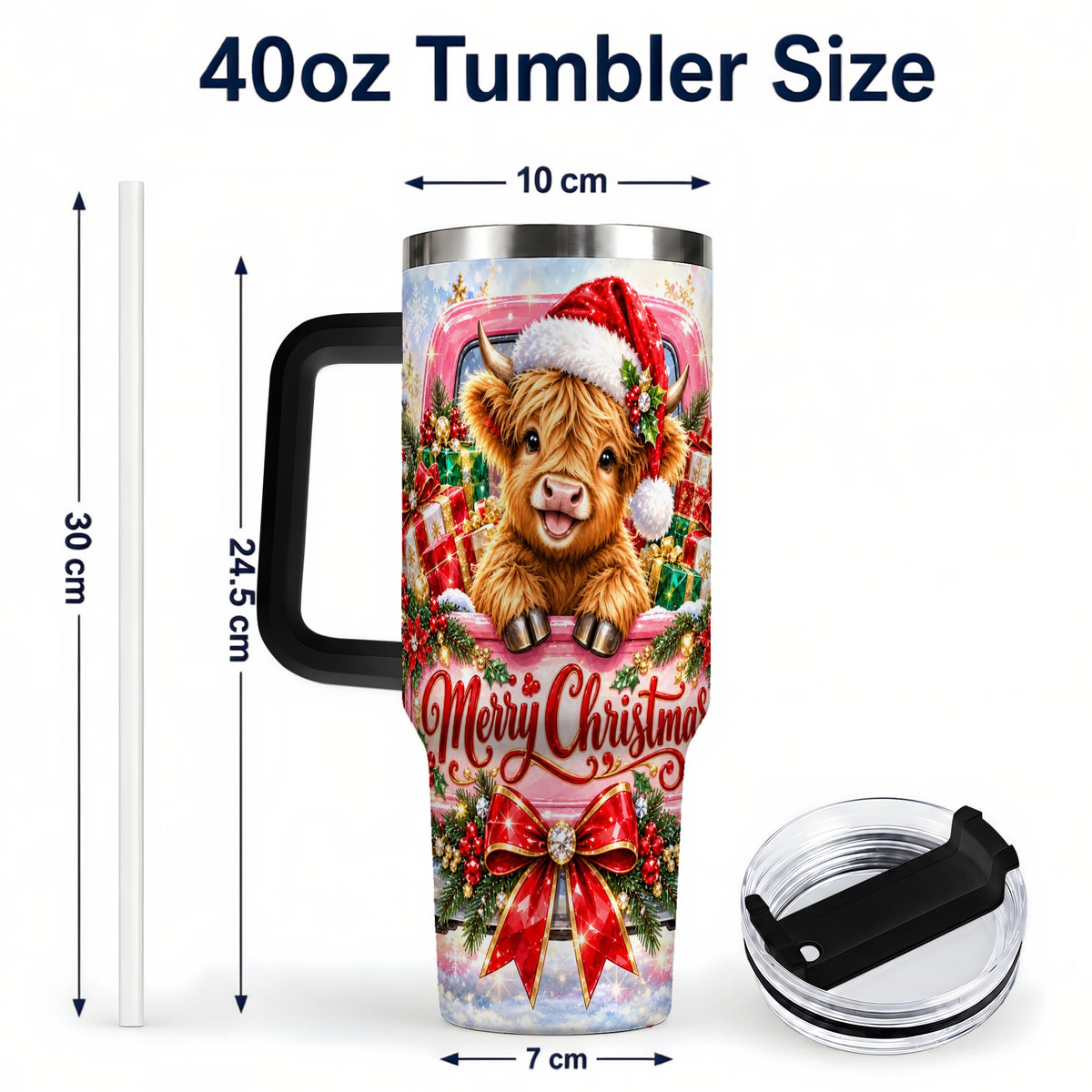 #pl[40oz|Black] Sparkling Christmas Cow 40oz Tumbler with Handle, Holiday Travel Cup
