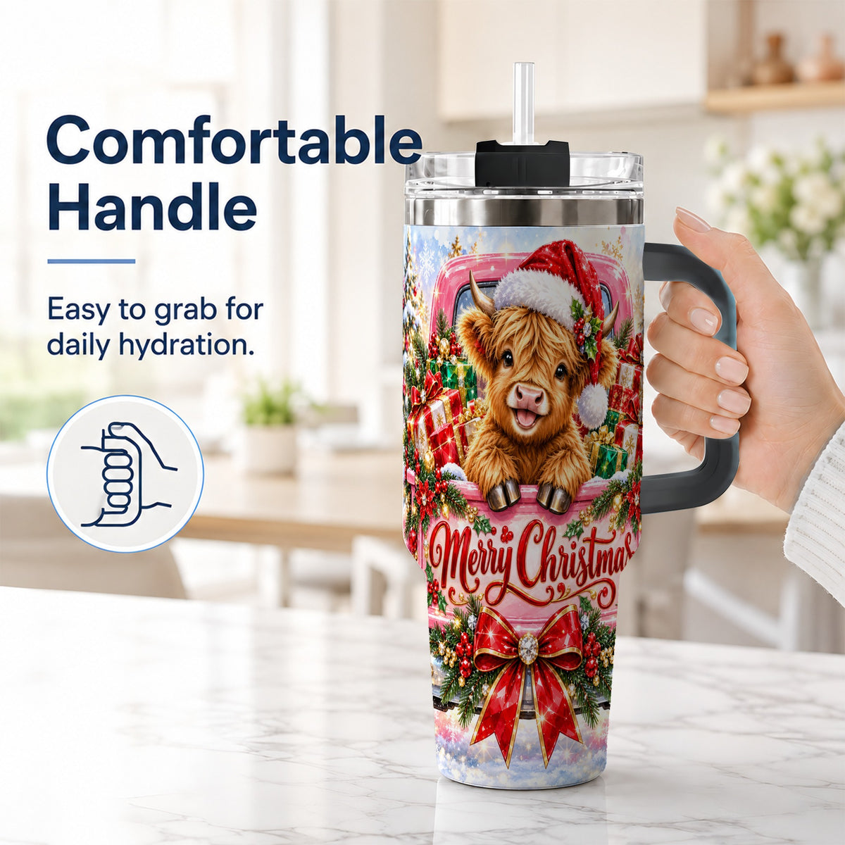 #pl[40oz|Black] Sparkling Christmas Cow 40oz Tumbler with Handle, Holiday Travel Cup