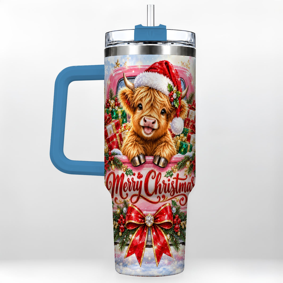 #pl[40oz|Blue] Sparkling Christmas Cow 40oz Tumbler with Handle, Holiday Travel Cup