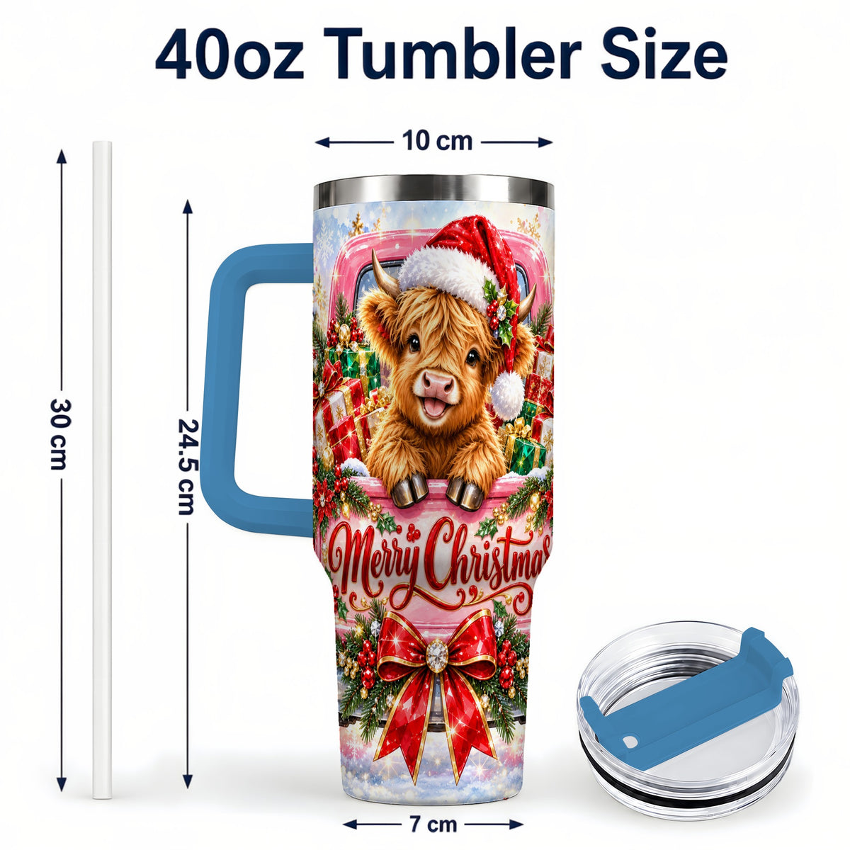 #pl[40oz|Blue] Sparkling Christmas Cow 40oz Tumbler with Handle, Holiday Travel Cup