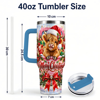 #pl[40oz|Blue] Sparkling Christmas Cow 40oz Tumbler with Handle, Holiday Travel Cup