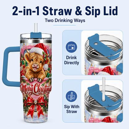 #pl[40oz|Blue] Sparkling Christmas Cow 40oz Tumbler with Handle, Holiday Travel Cup