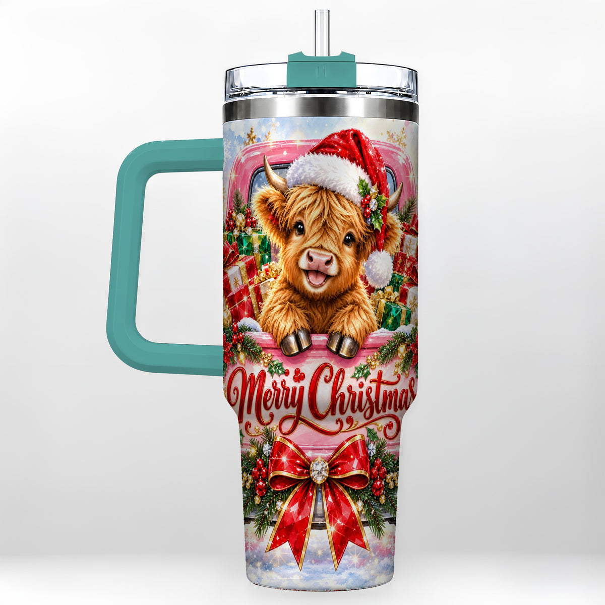 #pl[40oz|Green] Sparkling Christmas Cow 40oz Tumbler with Handle, Holiday Travel Cup