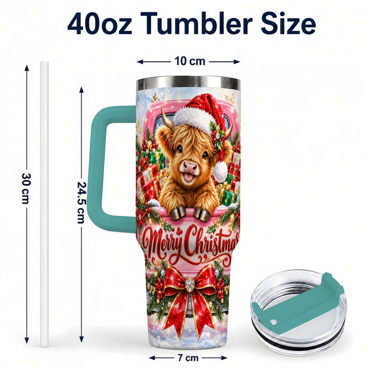 #pl[40oz|Green] Sparkling Christmas Cow 40oz Tumbler with Handle, Holiday Travel Cup