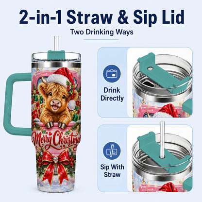 #pl[40oz|Green] Sparkling Christmas Cow 40oz Tumbler with Handle, Holiday Travel Cup