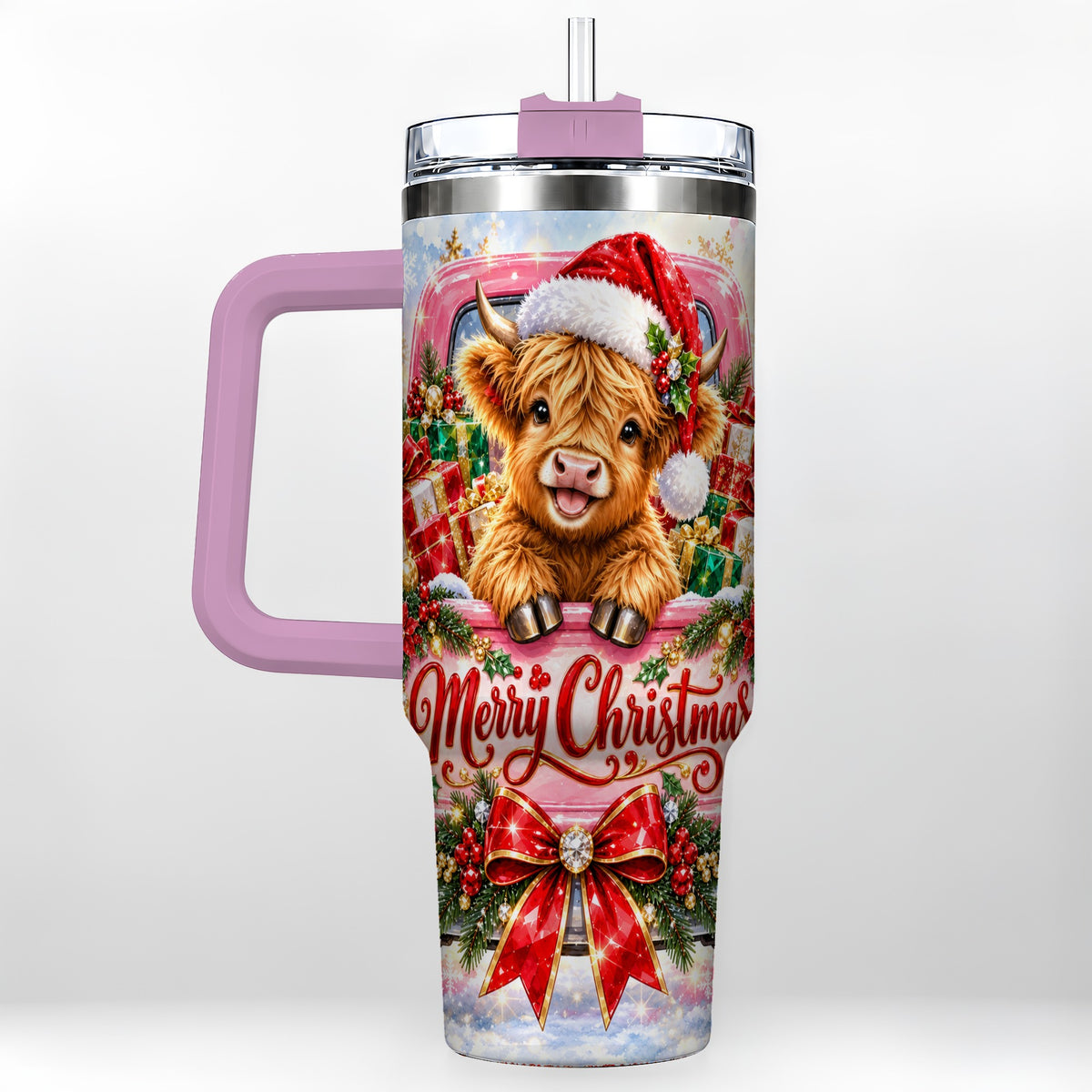 #pl[40oz|Pink] Sparkling Christmas Cow 40oz Tumbler with Handle, Holiday Travel Cup