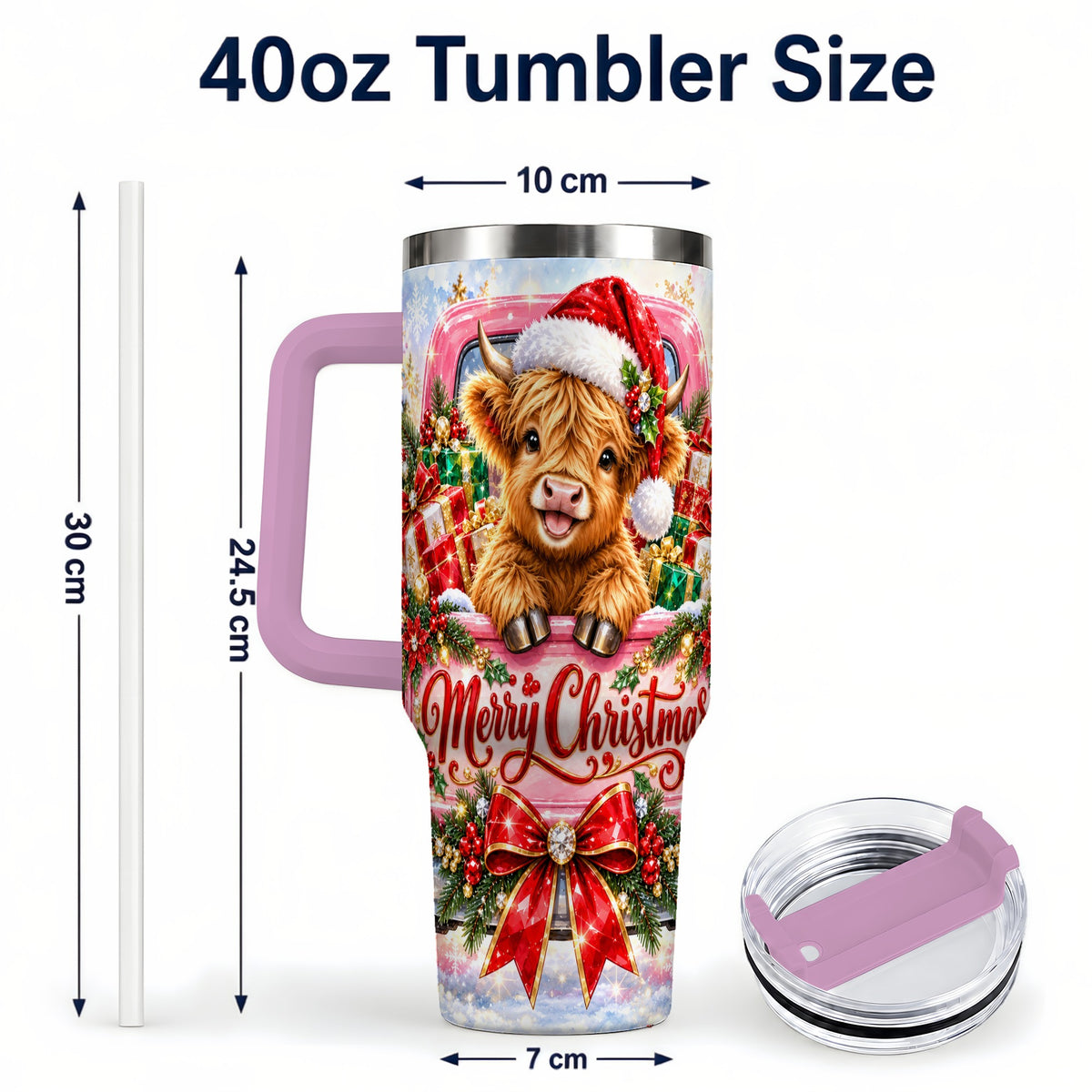 #pl[40oz|Pink] Sparkling Christmas Cow 40oz Tumbler with Handle, Holiday Travel Cup