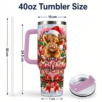 #pl[40oz|Pink] Sparkling Christmas Cow 40oz Tumbler with Handle, Holiday Travel Cup