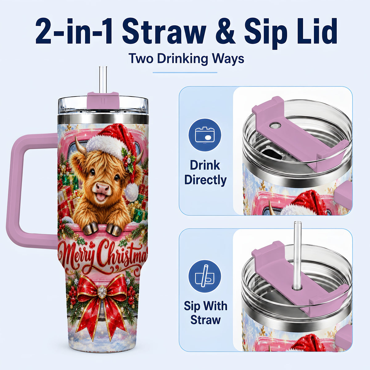 #pl[40oz|Pink] Sparkling Christmas Cow 40oz Tumbler with Handle, Holiday Travel Cup