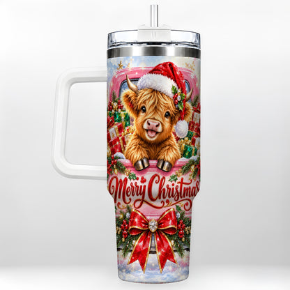 #pl[40oz|White] Sparkling Christmas Cow 40oz Tumbler with Handle, Holiday Travel Cup