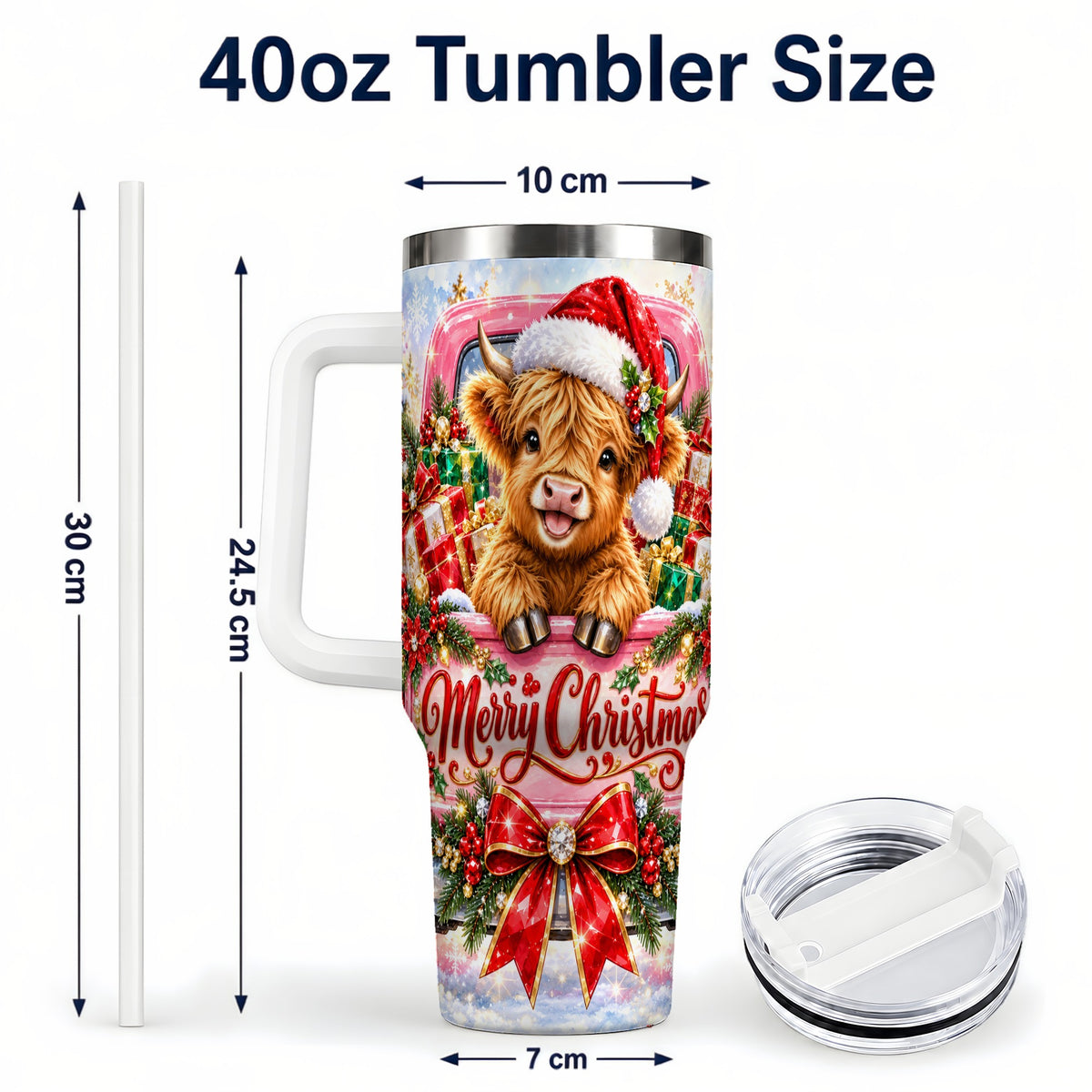 #pl[40oz|White] Sparkling Christmas Cow 40oz Tumbler with Handle, Holiday Travel Cup