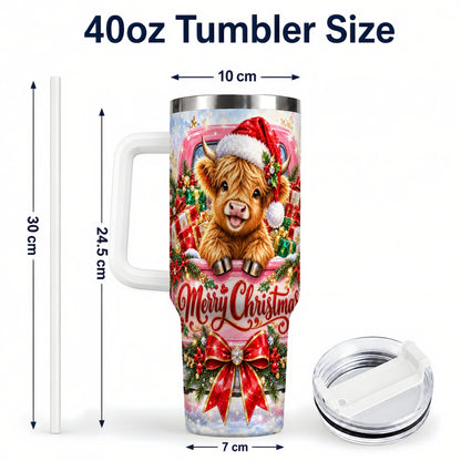 #pl[40oz|White] Sparkling Christmas Cow 40oz Tumbler with Handle, Holiday Travel Cup