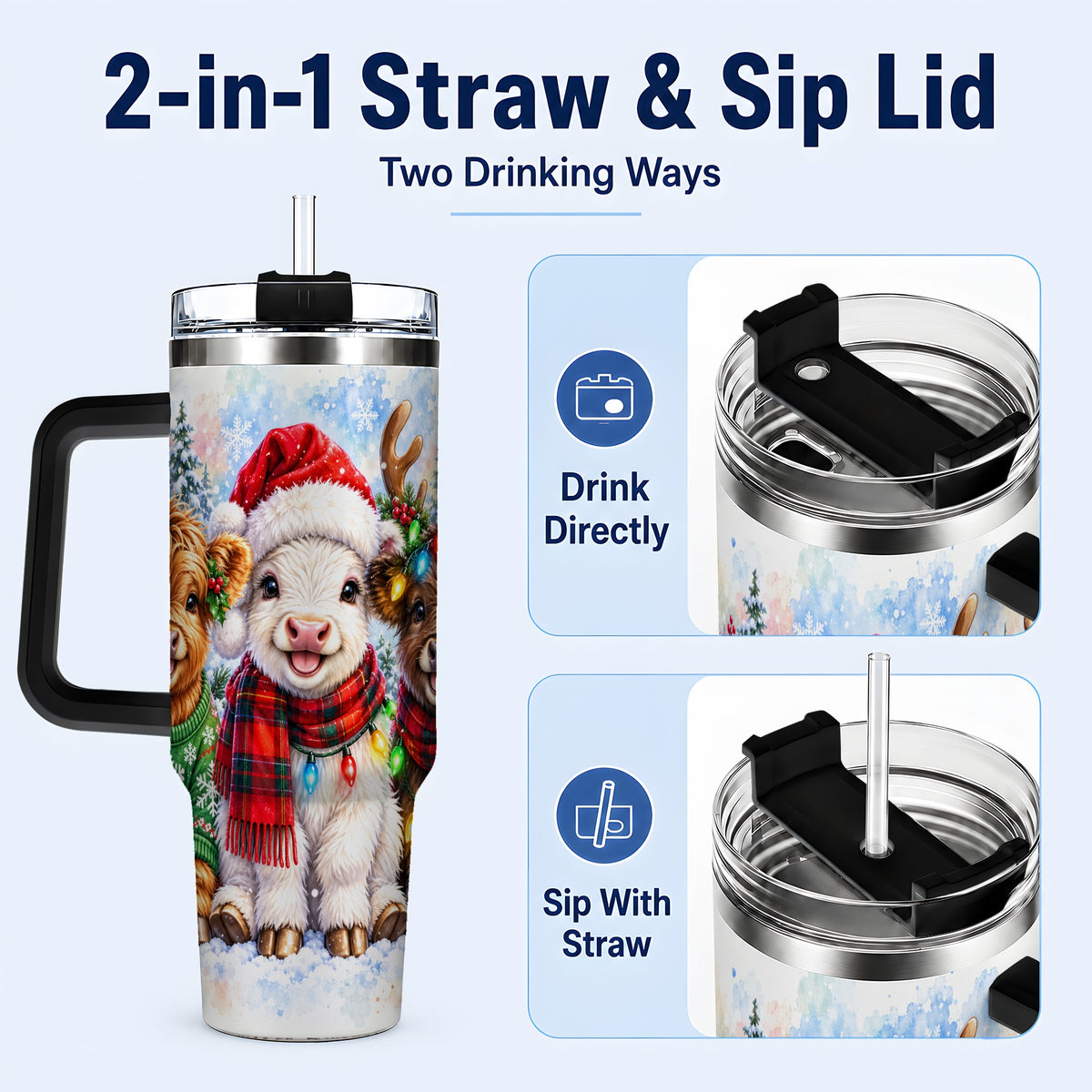 #pl[40oz|Black] Christmas Cow Trio 40oz Tumbler with Handle, Winter Travel Cup