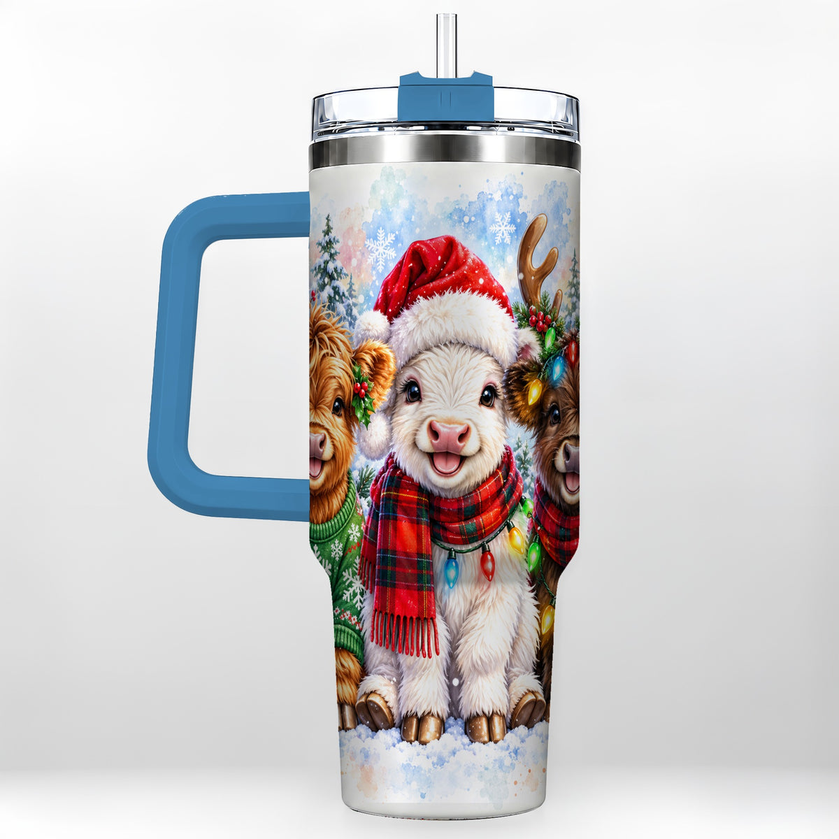 #pl[40oz|Blue] Christmas Cow Trio 40oz Tumbler with Handle, Winter Travel Cup