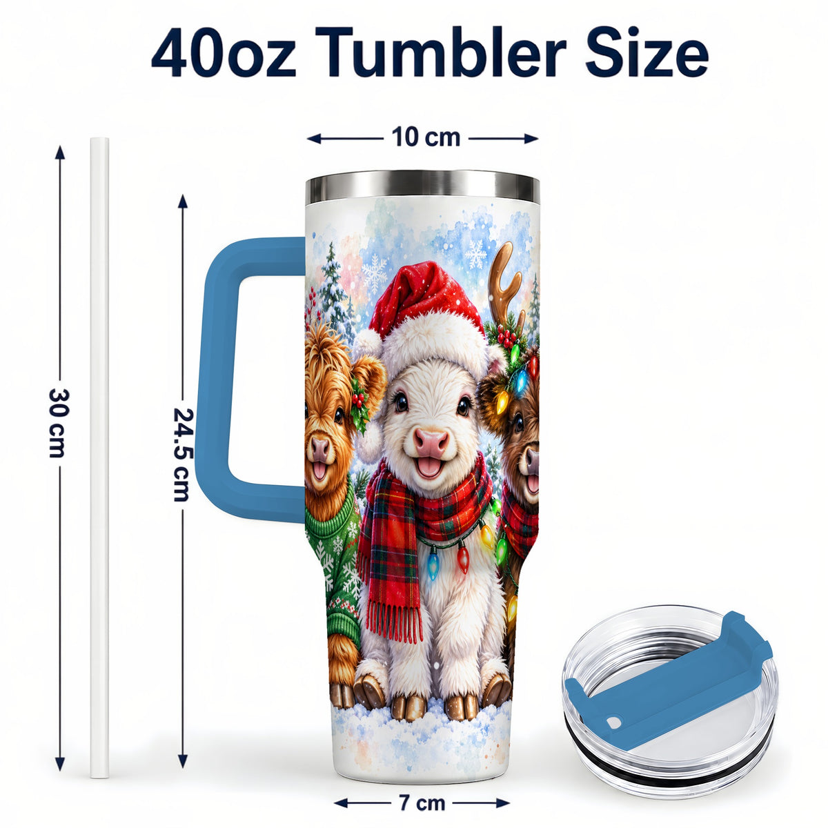 #pl[40oz|Blue] Christmas Cow Trio 40oz Tumbler with Handle, Winter Travel Cup