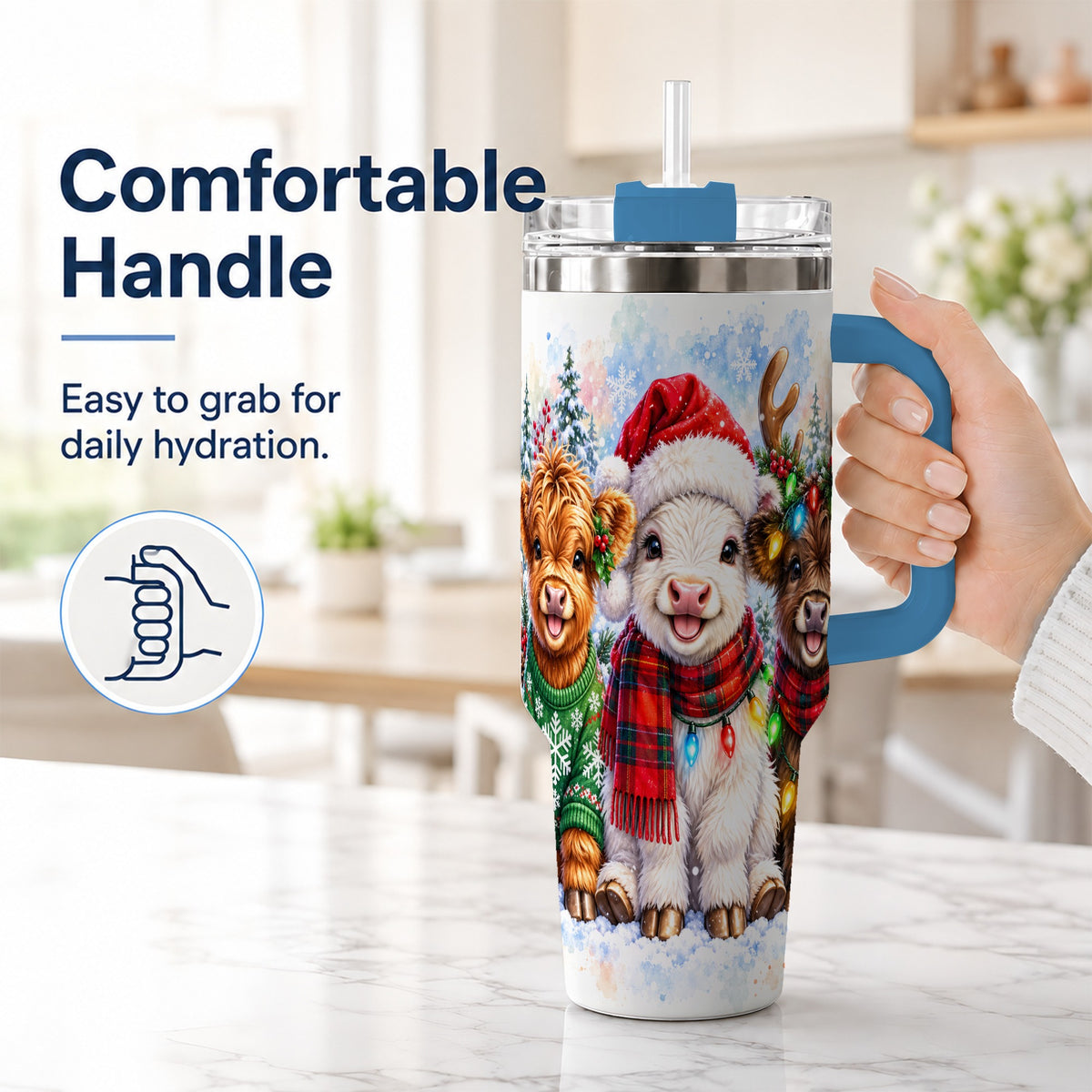 #pl[40oz|Blue] Christmas Cow Trio 40oz Tumbler with Handle, Winter Travel Cup